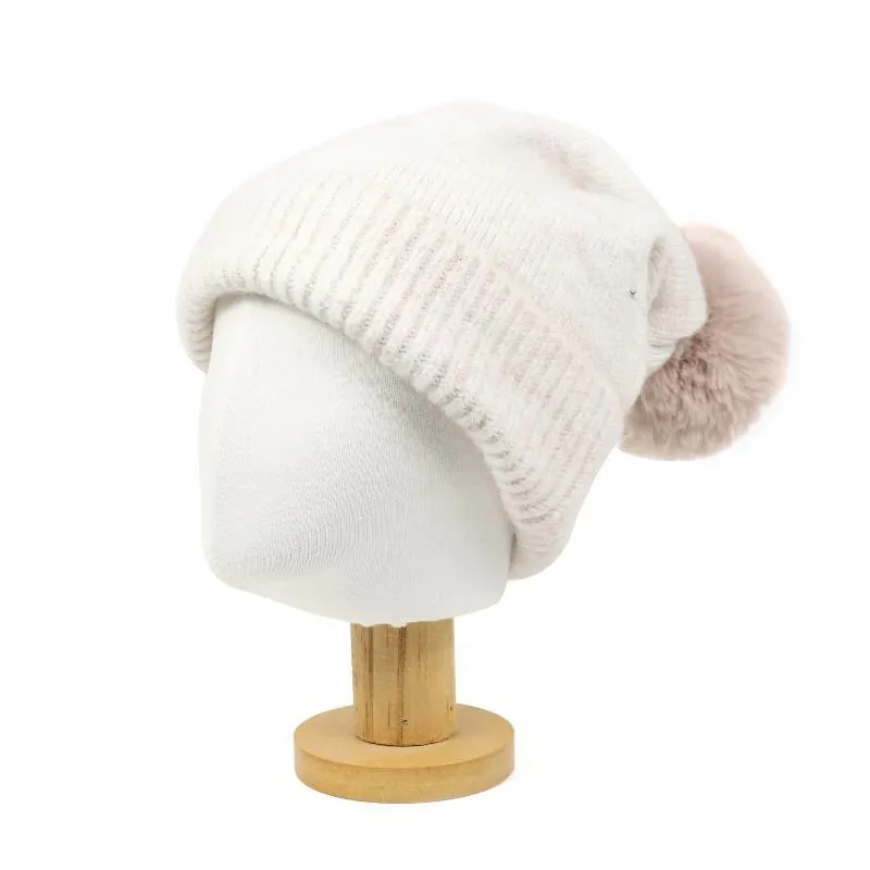 Bonnet/crâne casquettes fausse fourrure pompon bonnet pour femmes filles 2021 rouge blanc rose chaud doux tricot cachemire rayure chapeau d'hiver