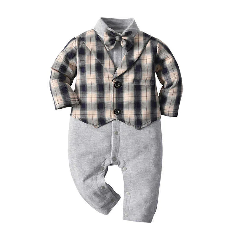 bébé garçon boutique vêtements 1 an anniversaire baptême Outfit pour les garçons en bas âge enfant bébé gentleman noeud papillon ROMPER + VEST PLAID 210615