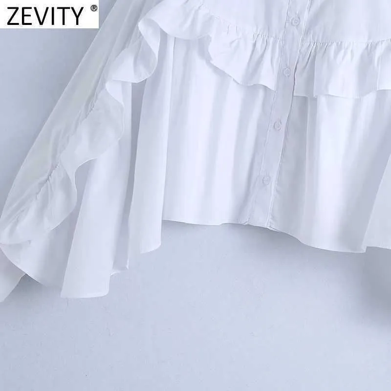 Zevity Women Fashion Cascading Ruffle Vit Smock Blus Kontor Lady Breasted Poplin Chic T Shirts Business Femininas Tops LS9006 210603