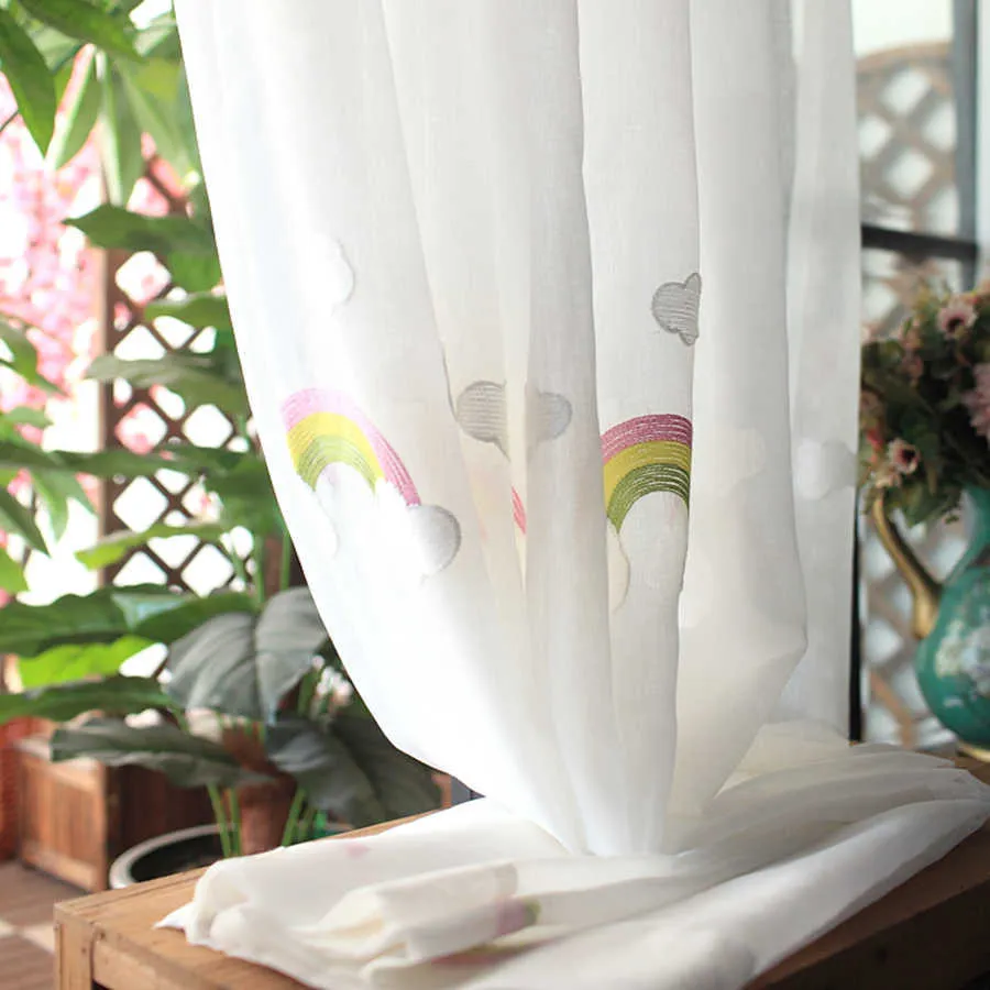 Korean Embroidered White Cloud and Rainbow Sheer Window Bedroom Curtain Cotton Flax Panels Tulle Voile for Living room MY036#5 210712