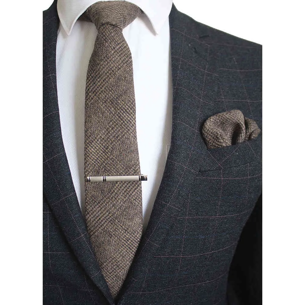 KAMBERFT Solid Color Cashmere Wool Necktie and Pocket Square Clip Sets for 8cm Red Brown Green Gray For Men Wedding Tie