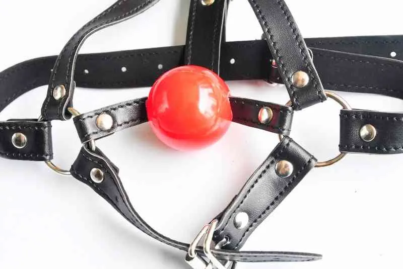 PU Leather Head Harness Bondage Open Mouth Gag Restraint Red Silicone Ball Adult Fetish SM Sex Game Toys for Women Couple9312191