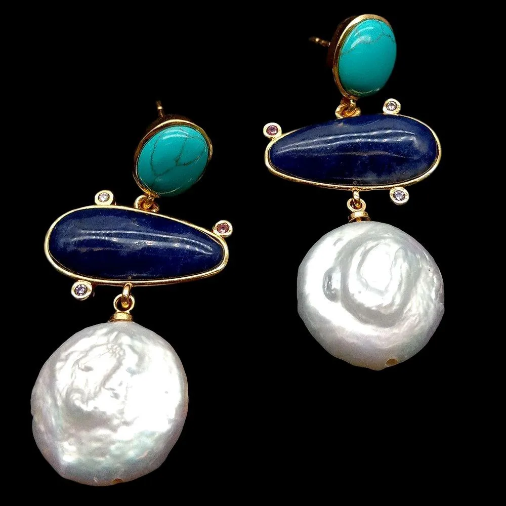 Geometric Natural Sodalite Cultured White Coin Pearl Turquoise With Electroplated Edge Stud Earrings For Women