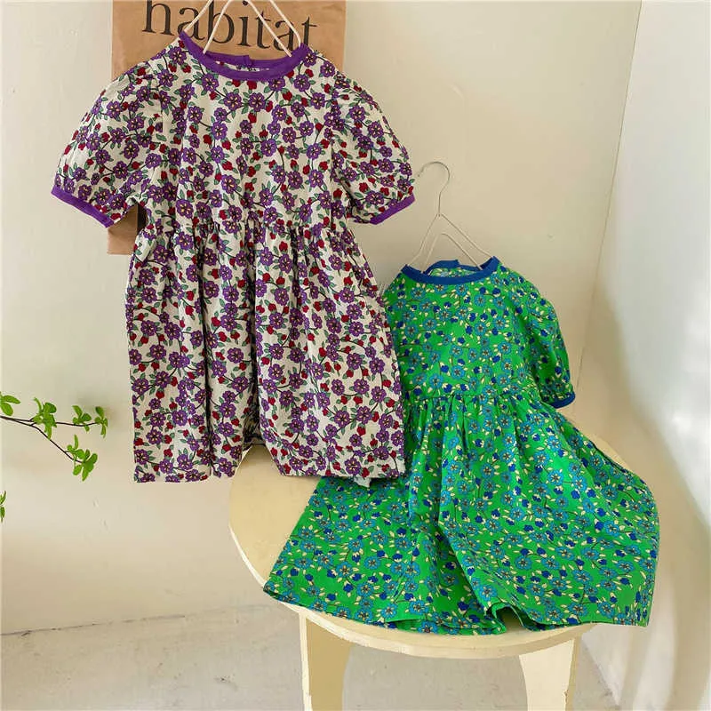 Style coréen mignon enfants floral à manches courtes robe bébé filles lâche décontracté longues robes 2-6Y 210615