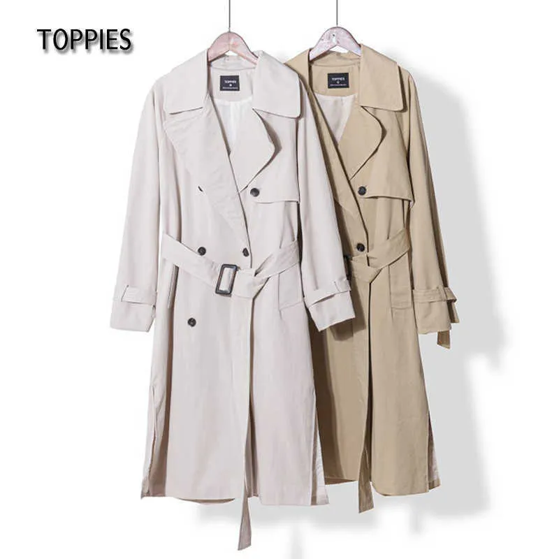 Toppies Langer Trenchcoat aus 100 % Baumwolle, lockerer, übergroßer, zweireihiger Damenmantel mit Gürtel und Windjacke 210825