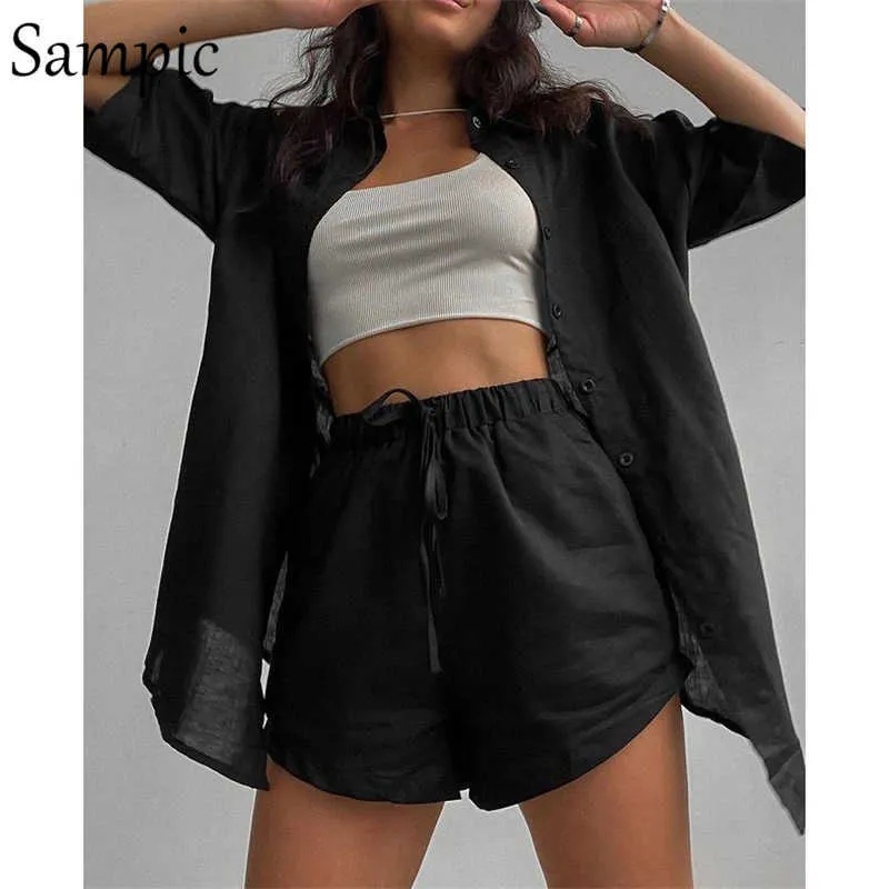 Sampic Casual Lounge Wear Verano Verde Chándal Mujeres Pantalones cortos Conjunto Camisa de manga corta Tops y Mini pantalones cortos sueltos Conjunto de dos piezas Y0702