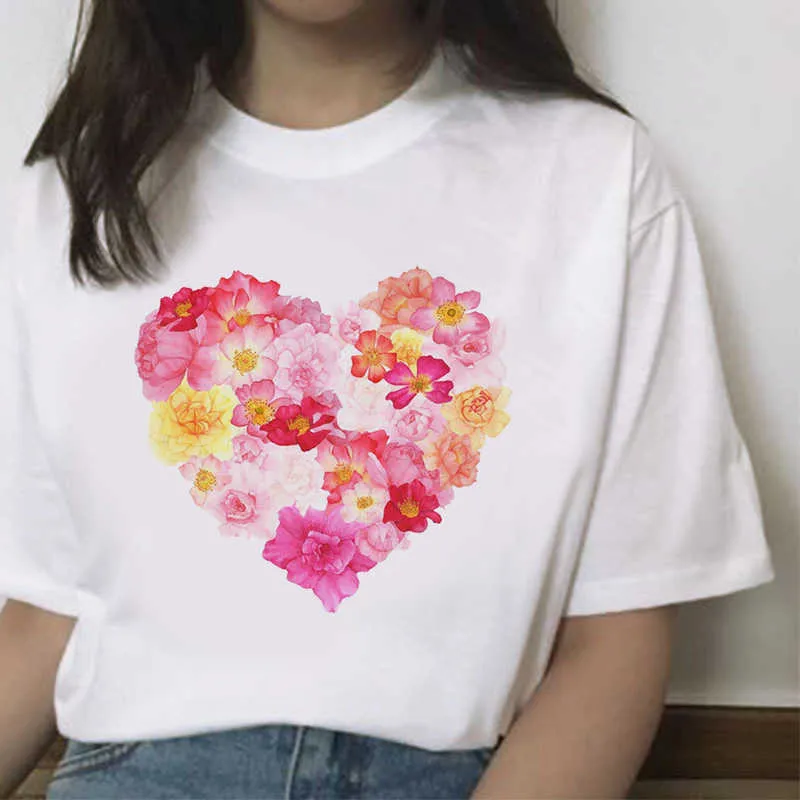 2020 Zomer Vrouwen T-shirt Gelukkige Liefde Gedrukt Tshirts Casual Tops Tee Harajuku 90s Vintage Witte T-shirt Vrouwelijke Kleding X0527