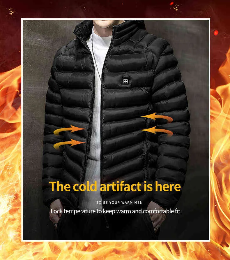 Saz män vinter varm usb uppvärmning jackor smart termostat ren färg hooded uppvärmd kläder Vattentät bomulljacka 211214