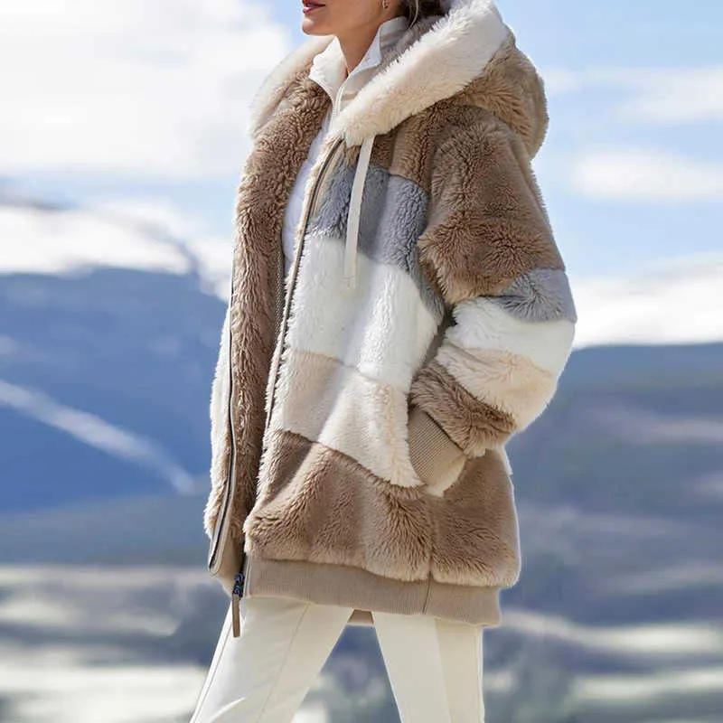 女性のジャケット暖かいぬいぐるみカジュアルルースフード付きコート混合カラーパッチワーク冬のoutwear fauxの毛皮ジッパーレディースパーカー210805