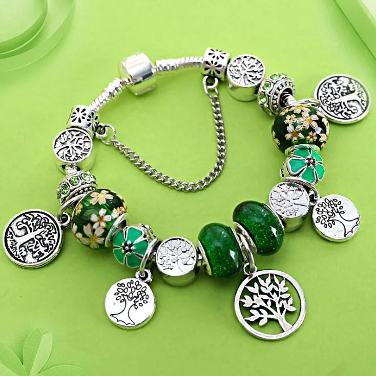 European and American New Olive Green Flower Bracelet Forest Wind Tree Seedling Pendant Large Hole Crystal Beaded Ancient Silver B8081406