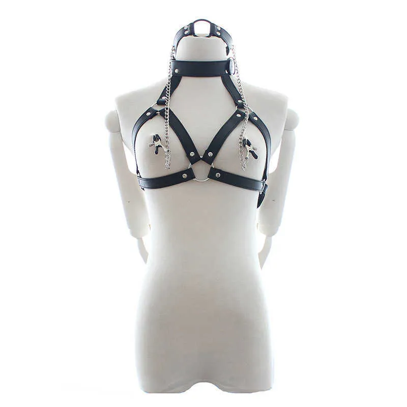 Gothic Cool Paare Faux Leder Choker-Kragen mit Nippel-Brustklemme Clipkette BDSM BH-Kabelbaum Brustgurte Frauen Accessoir P0816