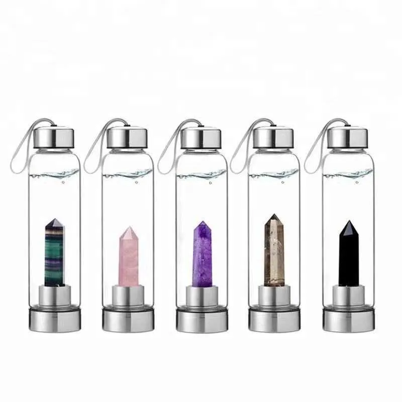 Natural Crystal Water Bottle Infuser Glass Point Healing Obelisk Wand Quartz Crystal Water Bottle for Energy and Healing 210610