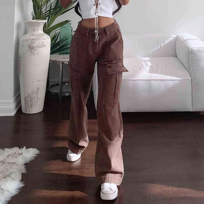 Rockmore Brown Vintage Baggy Jeans Femmes Taille Haute Poche Cargo Pantalon 90s Streetwear Pantalon Droit Harajuku Été 211129