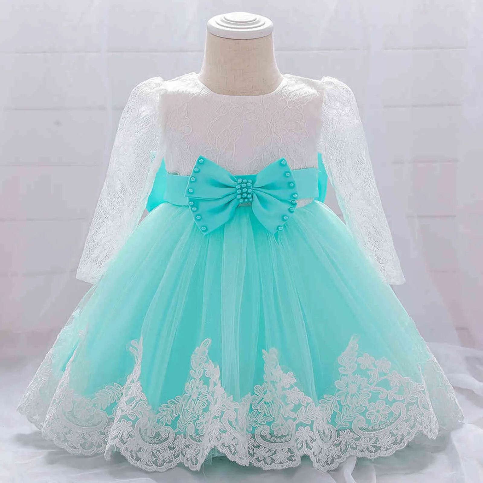 Noworodek Długie Rękaw Baby Girl Sukienki Party Ślubna Dziewczyna Koronki Big Bow Dresses Infant Girl 1st Urodziny Księżniczka Chrzest Dress G1129