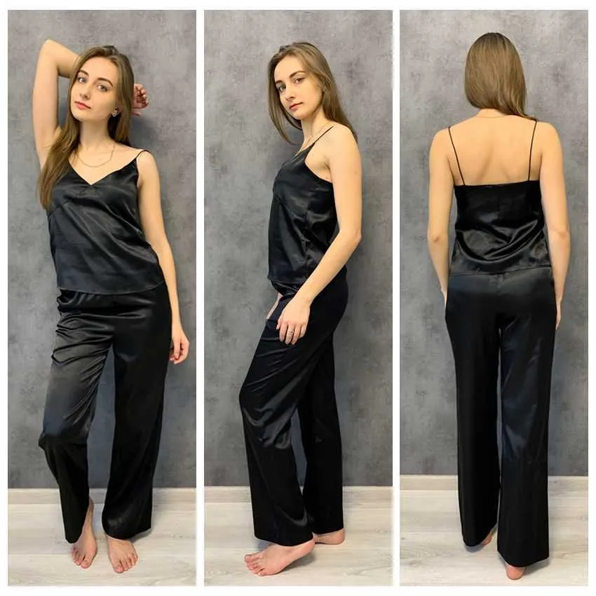 Hiloc preto branco cetim sexy pijamas para mulheres sleepwear seda espaguete strap v-pescoço caseiro conjuntos feminino primavera básica 210809