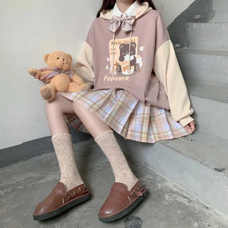 Japońskie bluzy jesieni i zima dla nastolatków student Kawaii Lolita Hoodie Kolor Dopasowanie luźny gotycki trend z kapturem 210813