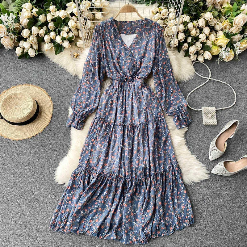 Primavera Outono Verde / Azul / Bege / Preto Flor Impresso Drapejado Midi Dress Mulheres Elegante V-Neck Elegante Flare Manga Longa Casual Vestidos Novo Y0603