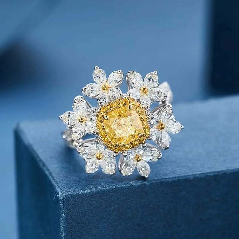 6 kwiatów 2 żółte kryształowe szlachetne kamienie diamenty pierścionki dla kobiet białe złoto srebrne kolor biżuterii Prezenty ślubne 2151