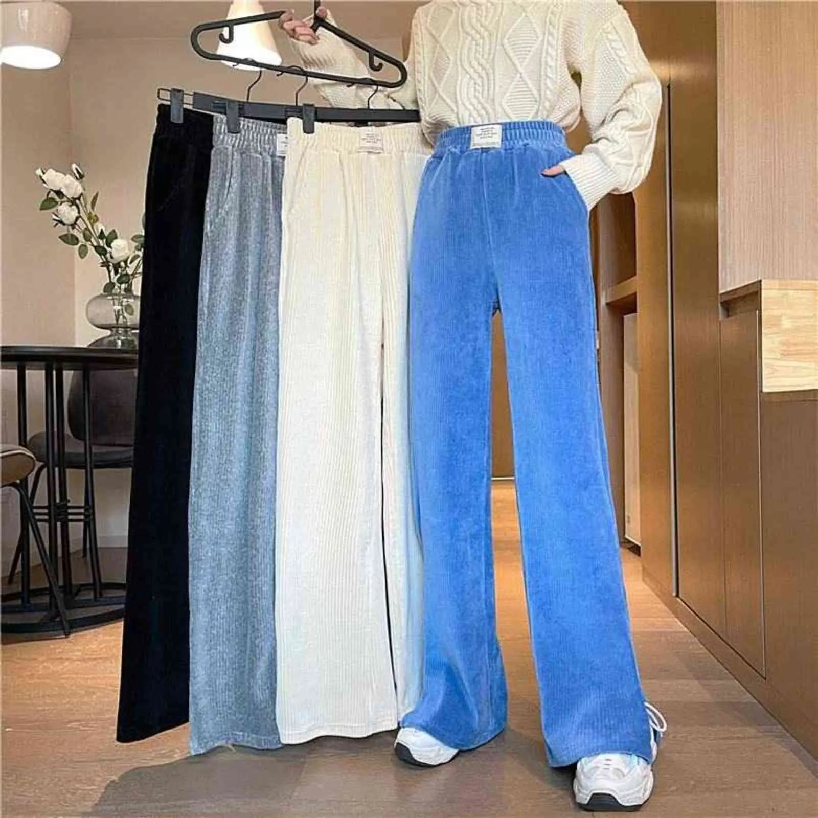 Printemps Automne Velours Côtelé Baggy Pantalon Femmes Coréen Taille Haute Fente Large Jambe Mode Pantalon Décontracté Femme 211124