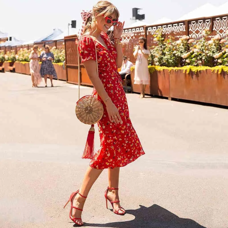 Long Dress Red Ladies Puff Sleeve Floral Wrap V Neck Summer Korean Fashion Print Slit One-piece Clothes For Women 2021 Elegant X0521