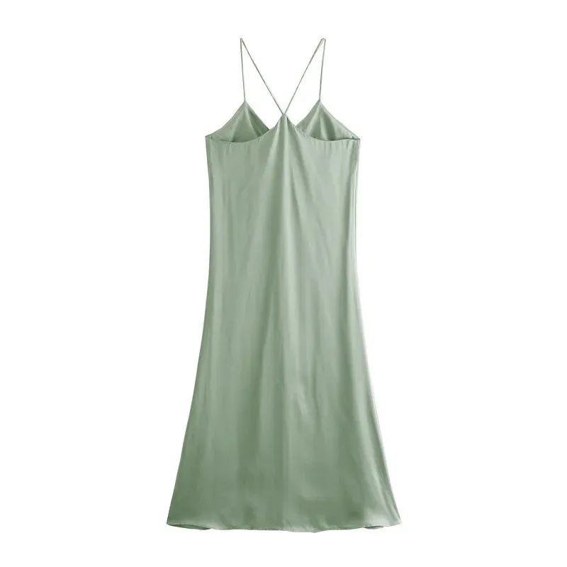 Green Camisole Midi Satin Dress Kobiety Eleganckie V Neck Backless Sexy Slip Party Es Kobieta Długi Lato 210519
