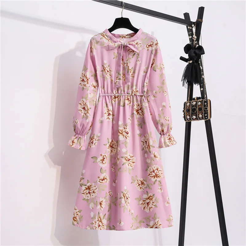 2021 Femmes Sweet Automn Spring Shirt Robe Coll Collier Floral Print Floral Longue manche élastique Robes vintage élégantes 210320