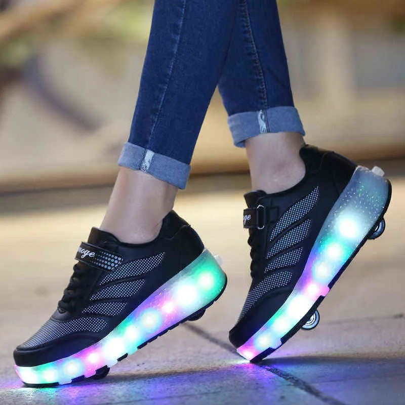 Taglia 28-41 Sneakers con ruote luminose Kids Boys USB Charged Growing LED Roller Skate Shoes bambini Ragazze Double 220115