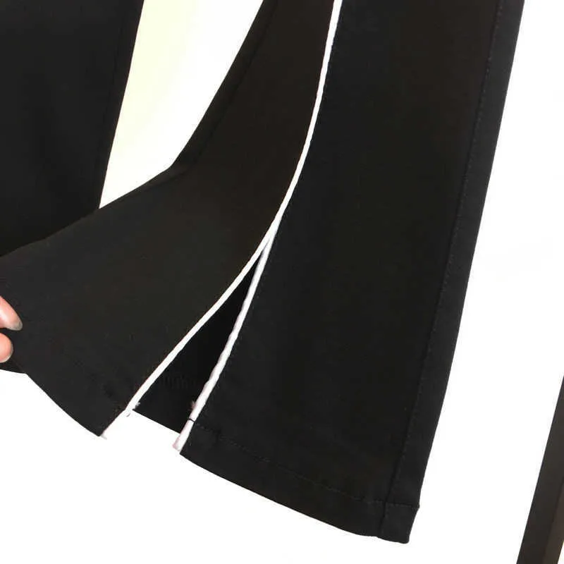 Pantalones de cintura alta elásticos de talla grande para mujer, pantalones largos elásticos de primavera a la moda, pantalones acampanados ajustados con abertura en Color blanco en contraste 210619