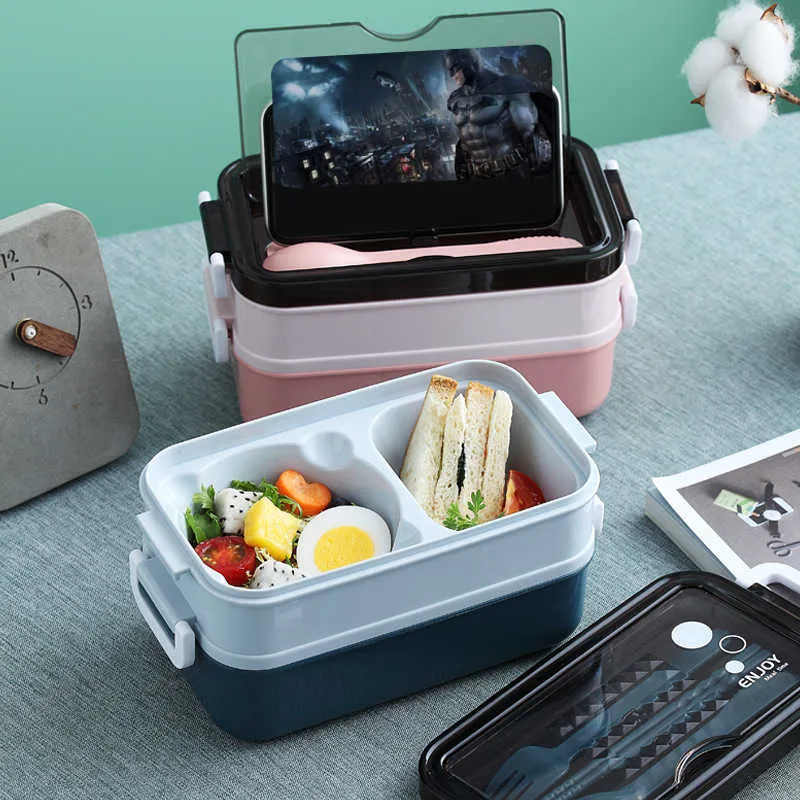 Plastic Double-layer Bento Lunch Box School Kids Office Worker Microwae Heating Lunch Container Food Storage Kitchen Accessories 210925