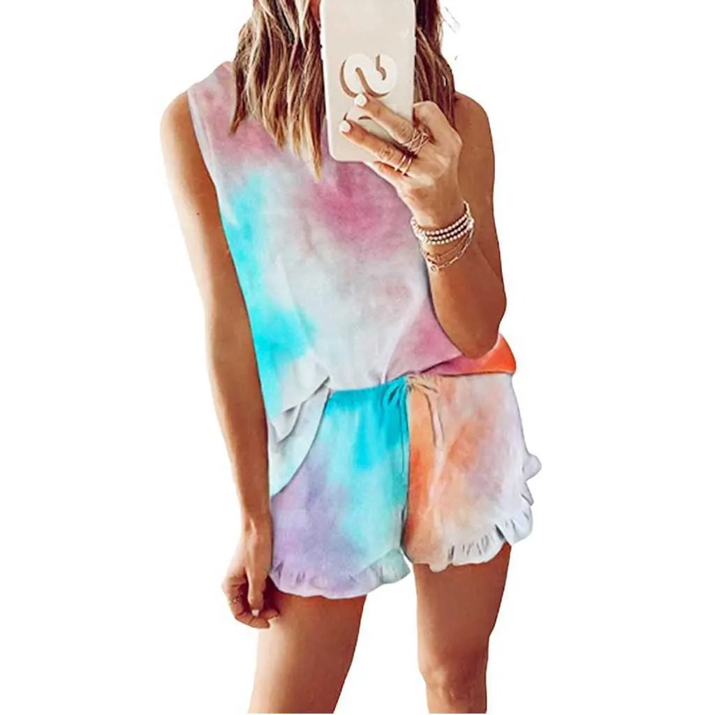 Shorts Ensemble de vêtements de nuit Tie-Dye imprimé à volants d'été col rond sexy pyjama sans manches pour femmes vêtements de nuit décontractés Pizama Damska Q0706