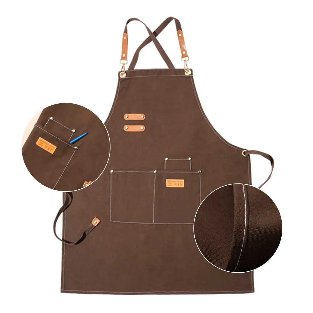 Cowboy schort Koreaanse mode unisex werk verstelbare koken bakken keuken canvas s met multi-pocket 210625