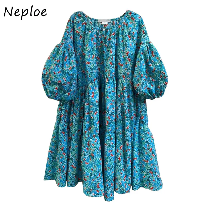 Koreański Drukowanie Vintage Dress Kobiety Wysokiej Talii Hip a Line Długość Kolana Vestidos O Neck Latarnia Krótki Rękaw Robe Luźne Lato 210422