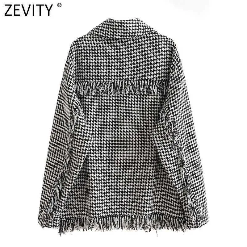 Zevity Women Vintage Trimming Tassel Decoration Houndstooth Shirt Coat Female Long Sleeve Casual Outwear Jackets Chic Tops CT674 210603