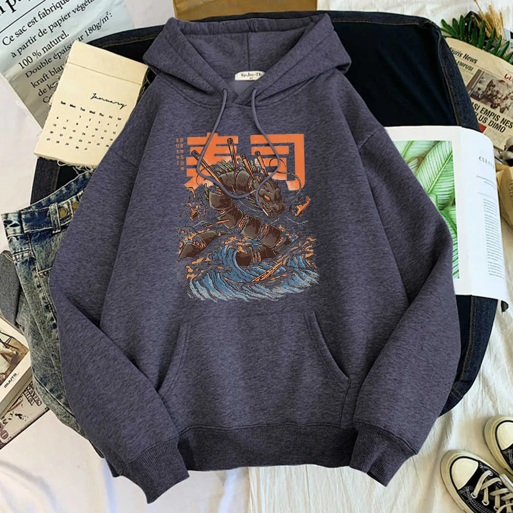 Dessin animé Sushi Dragon Imprimer Hommes Sweats Chaud Lâche Hoodies Automne Casual À Manches Longues Streetwear Survêtement Surdimensionné Pour Homme Y0804