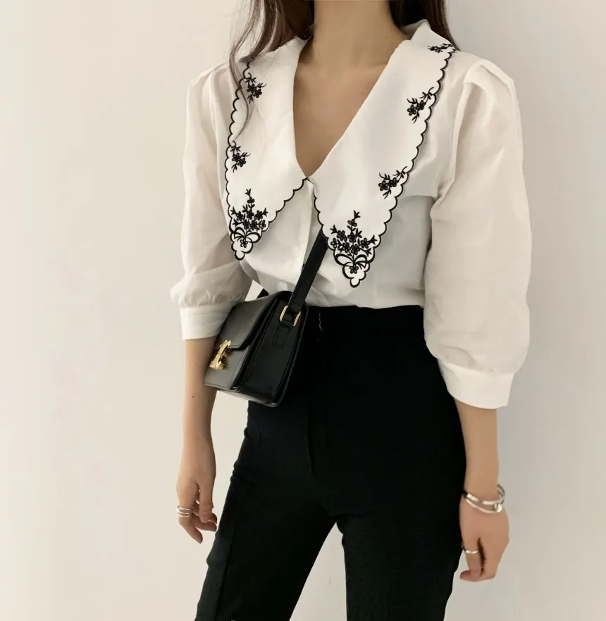 Vintage Contrast color Wave Line Lapel Collar Embroidery Shirt CHIC Puff Sleeve Women Blouse Tops Korean Clothes 210429
