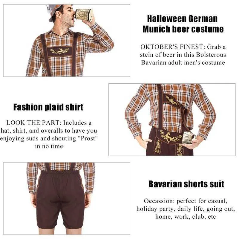 Duitsland Oktoberfest Bier Man Lederhosen Kostuum Halloween Beierse Carnaval Party Cosplay Brethers Shorts Shirt Hoed Set X0909