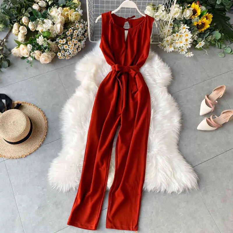 Women's Summer Wide-leg Pants Halter Neck Cutout Open Back Lace-up Jumpsuit with Waist and Thin LL022 210507