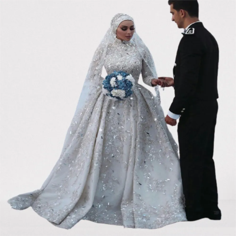 Vestidos de noiva de Dubai para mulheres vestidos de noiva 2022 Luxo Luxo Arábico Saudita A-Line High Neck Muslim Mangas brilhantes longas Abiti da SPOS P 290R