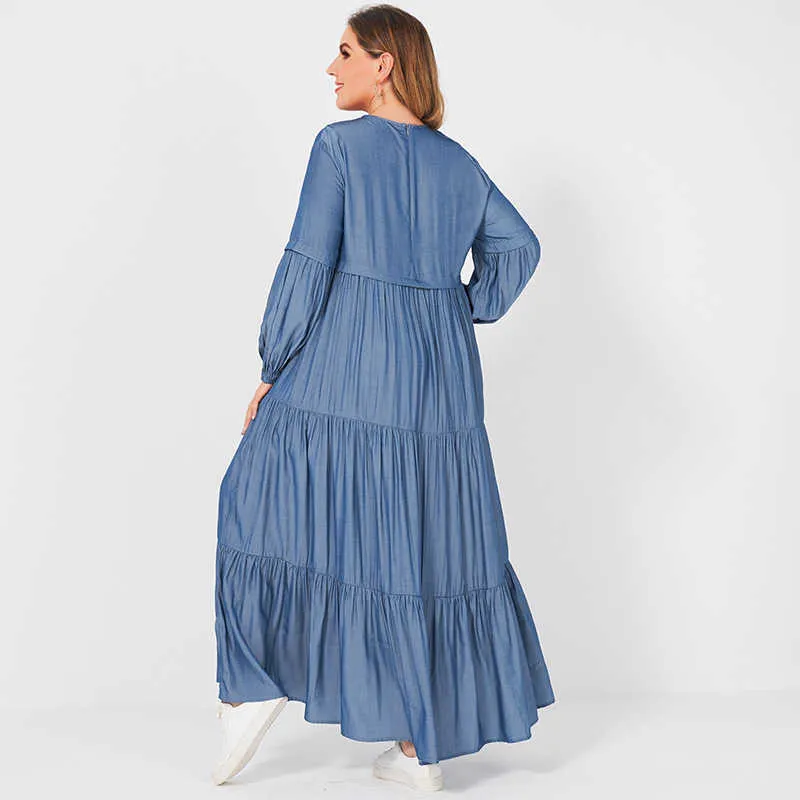 Summer Women Long Dress Fashion Sweet Pure Blue Color Oneck Pleated Cake Loose Large Size Big Swing Sleeve Dresses 210623