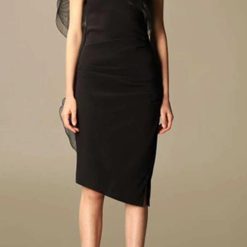 [DEAT] Summer Fashion Diagonal Collar High Waist Knee-length Ruffle Sleeveless Black Elegant Dress Women 13C788 210527