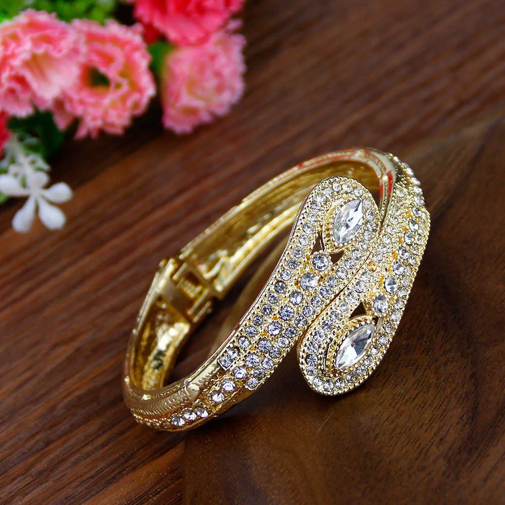 Sunspicems Chic Gold Color Morocco Bangle for Women Full Crystal Cuff Bracelet Arab Ethnic Wedding Jewelry Q0719