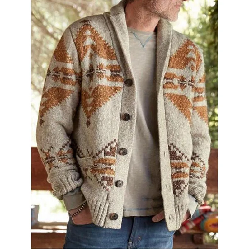 Jacquard Sweater Mens Autumn Winter Geometric Mens Cardigan Casual Camel Hair Ribbed Hem Men Outwear Oversized Warm Jacket 210524