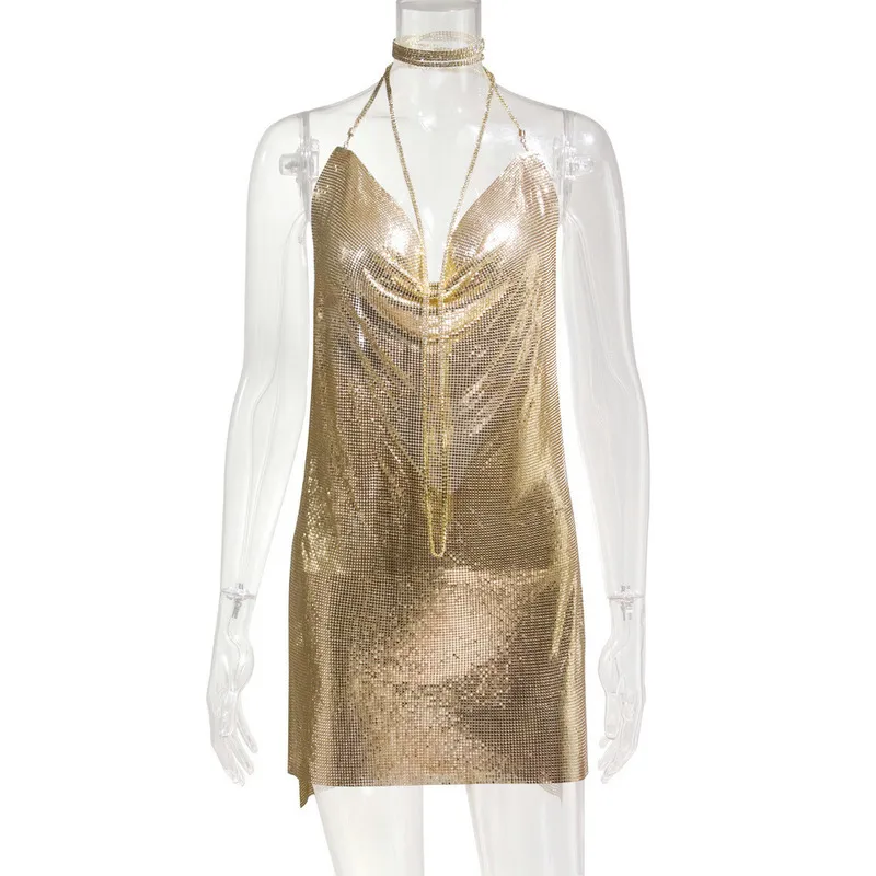 나이트 클럽 섹시 V- 넥 서스펜더 등이없는 금속 멜빵 드레스 드레스 기질 스팽글 드레스 조끼 스커트 여름 CX220302