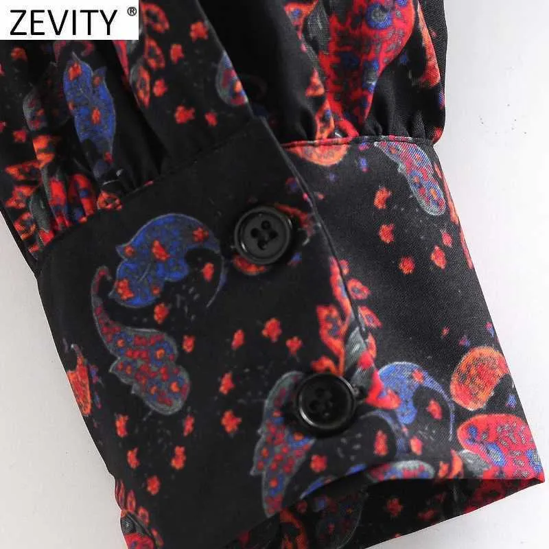 Zevity النساء خمر بيزلي طباعة عارضة سموك بلوزة أنثى الرجعية الكاجو المكسرات الصدر قمصان أنيقة blusas قمم LS7680 210603
