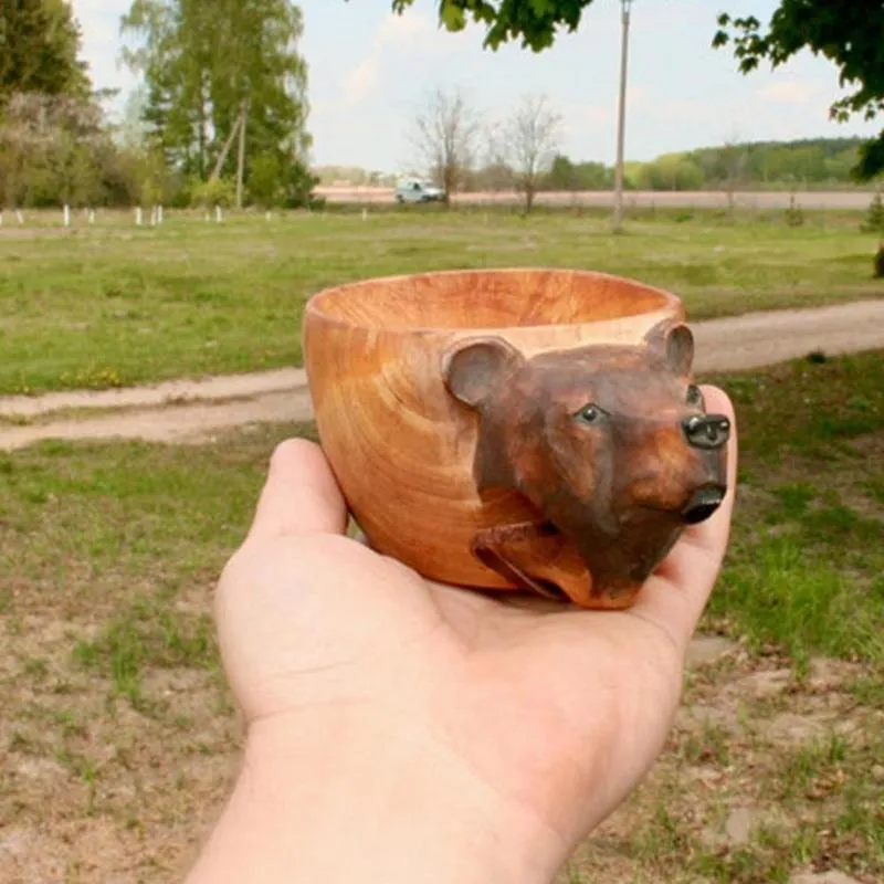 マグカクサの手彫り木製マググクシ動物ヘッドイメージカップ動物型ポータブルキャンプ飲酒297d