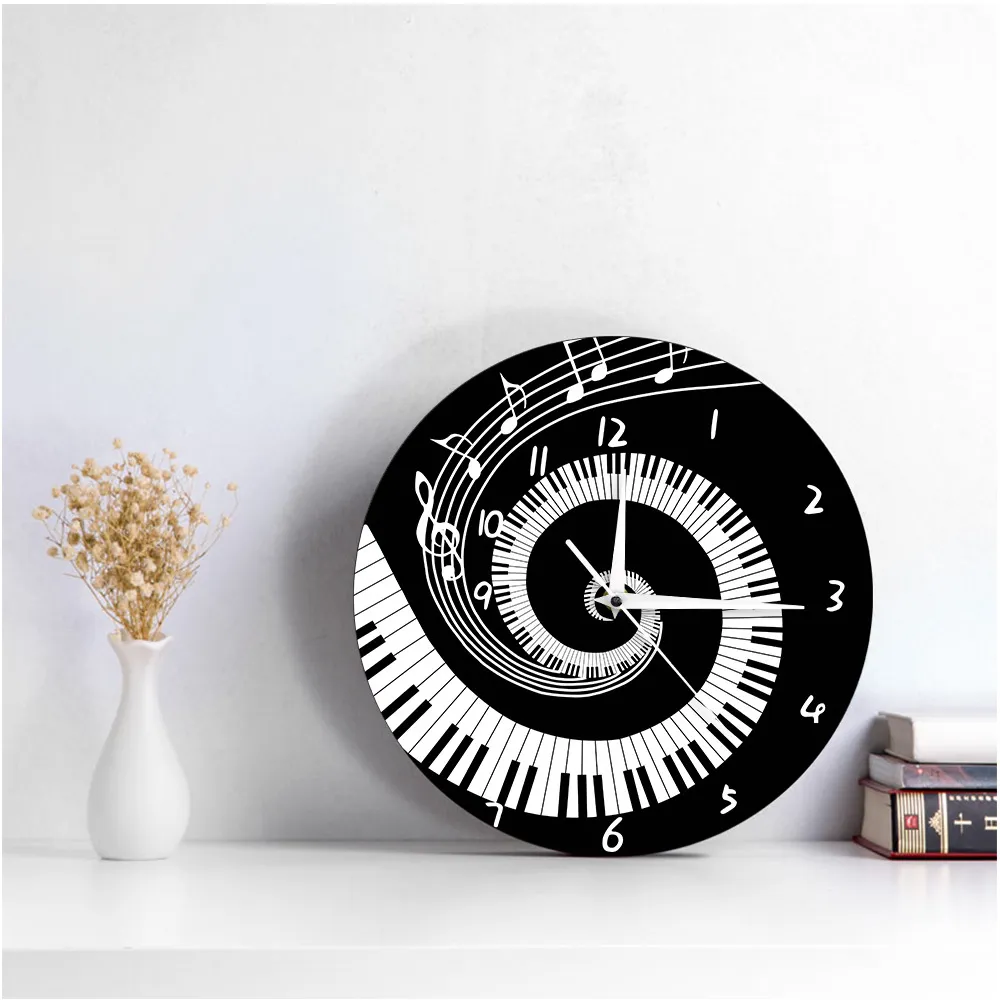 Elegante piano sleutels zwart en wit moderne muur klok muziek notities golf ronde muziek toetsenbord wandklok muziek minnaar pianist cadeau 210325