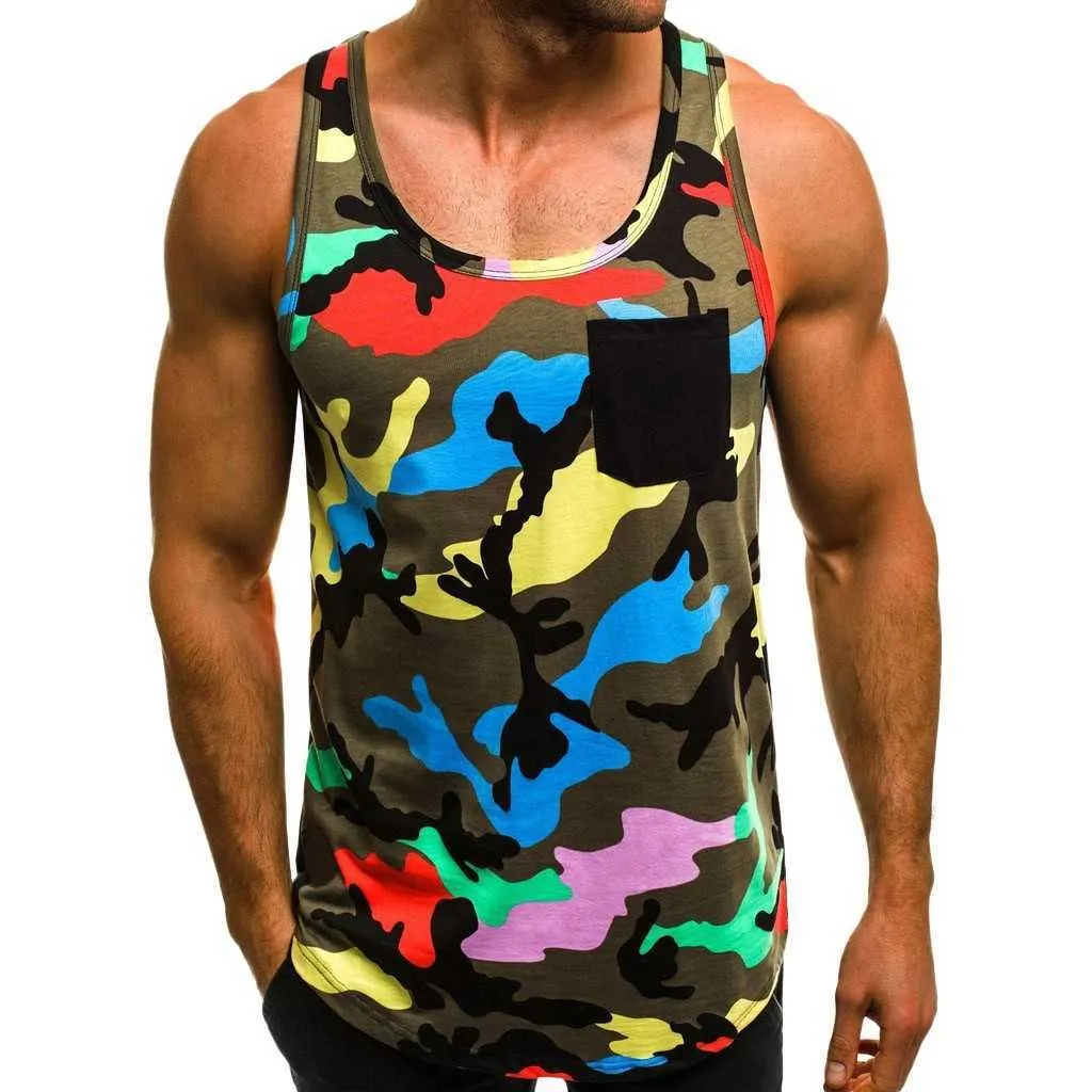 KANCOOLD Mäns Tank Topp Män Fitness Muscle Camouflage Ärmlös Bodybuilding Tight-Torkt Väst Toppar Sommar Hem Tee Shirt 210623