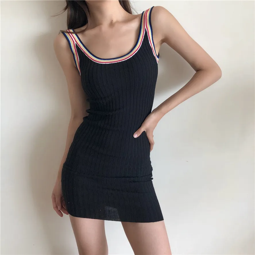 Dresses Summer Sexy Skinny Wrap Hip Sleeveless Square Neck Spaghetti Strap Knitted Dress Women Mini Rainbow Stripes Vestido 210429