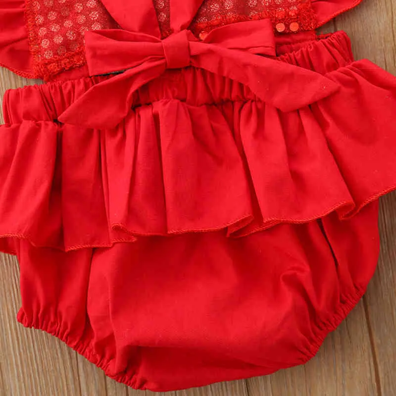 Pasgeboren Kerst Playsuit Peuter Baby Meisjes Tie-Up Ruche Sequin Fly Sleeve Square Collar Romper Overalls Red G1221