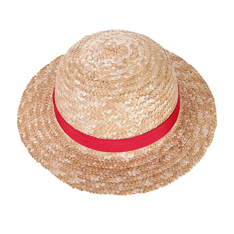 Garçon Fille Une Pièce Casquette Chapeau De Paille Cou Chaîne Luffy Chapeaux Plats Cosplay Japonais Dessin Animé Accessoires Enfant Rouge Rayure Plage YF001 Wide Brim261R